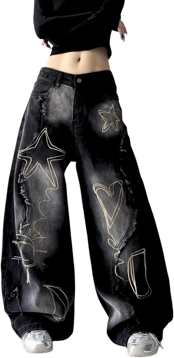 

Брюки джинсы Baggy для женщин, широкие, с вышивкой и аппликацией PEAINJ