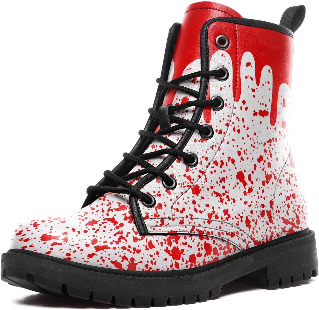 

Готические боевые ботинки с каплями крови - унисекс, шнуровка, ботильоны на щиколотку, противоскользящая подошва с платформой, амортизация, панк, обувь на Хэллоуин Coolcustomize, Red-White-1