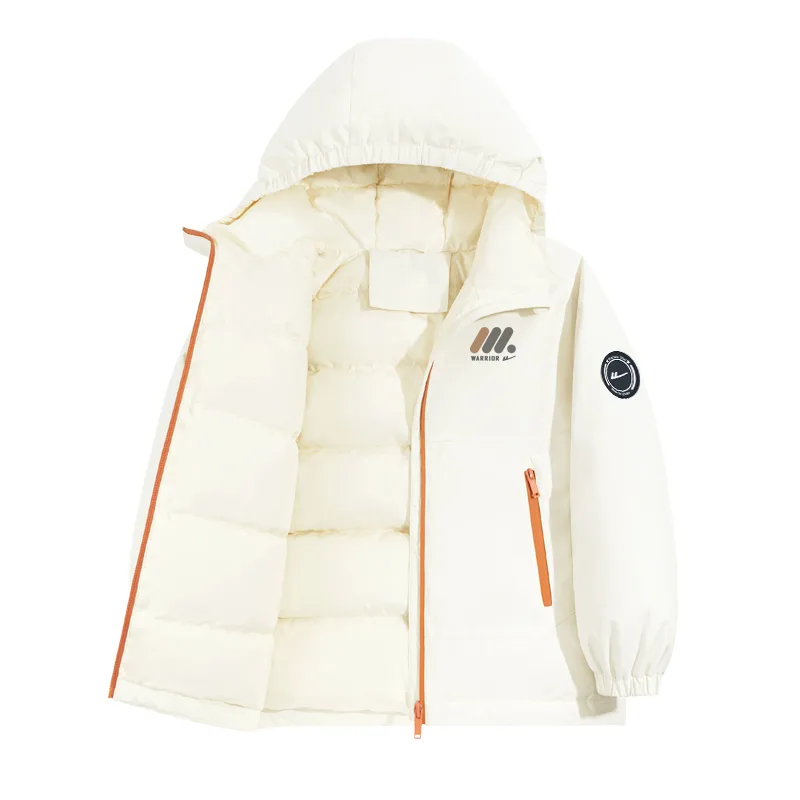 Детская пуховая куртка с капюшоном WARRIOR, Apricot/H Three Round-Shaped Column Logo K+H Round Logo Left Sleeve Woven Label Hook-and-Loop K