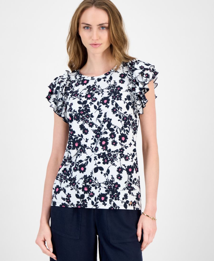 

Женская блузка с цветочным принтом и оборками, с короткими рукавами Tommy Hilfiger, Ivory Multi