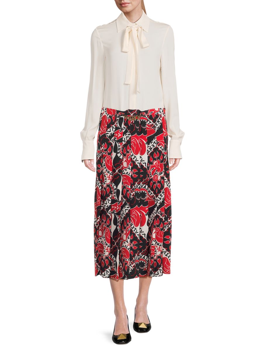 

Шелковое платье-миди Valentino, цвет White Red Multi