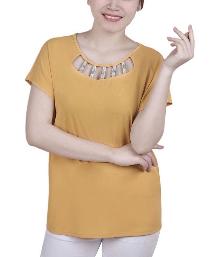 

Вязаный топ с короткими рукавами Petite с фурнитурой NY Collection, желтый