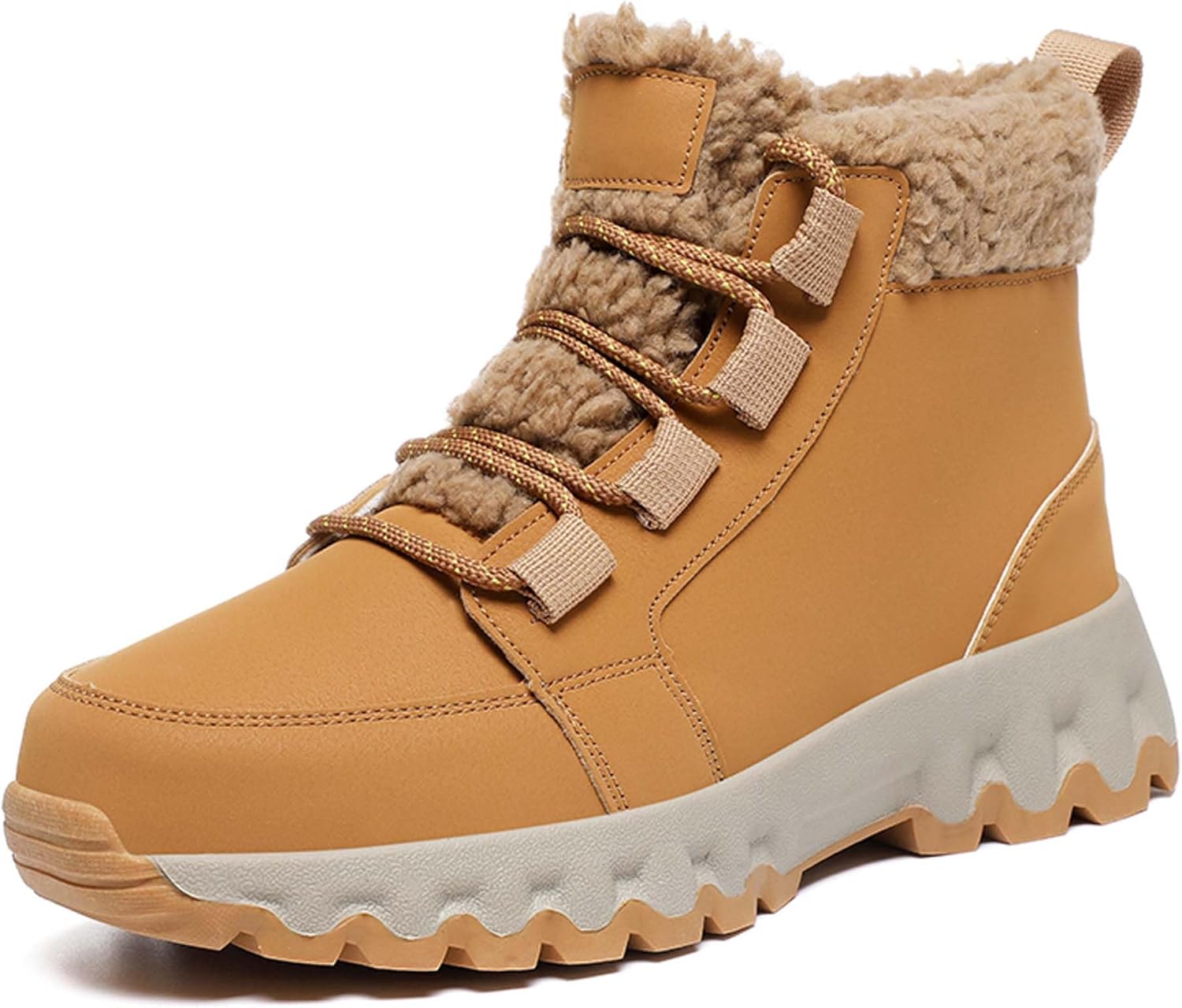 

Мужские зимние ботинки на снег водонепроницаемые с теплой меховой подкладкой, для ходьбы, походов и спорта, ботинки на голень из кожи, шнуровка, высокие хлопковые ботинки Generic, коричневый