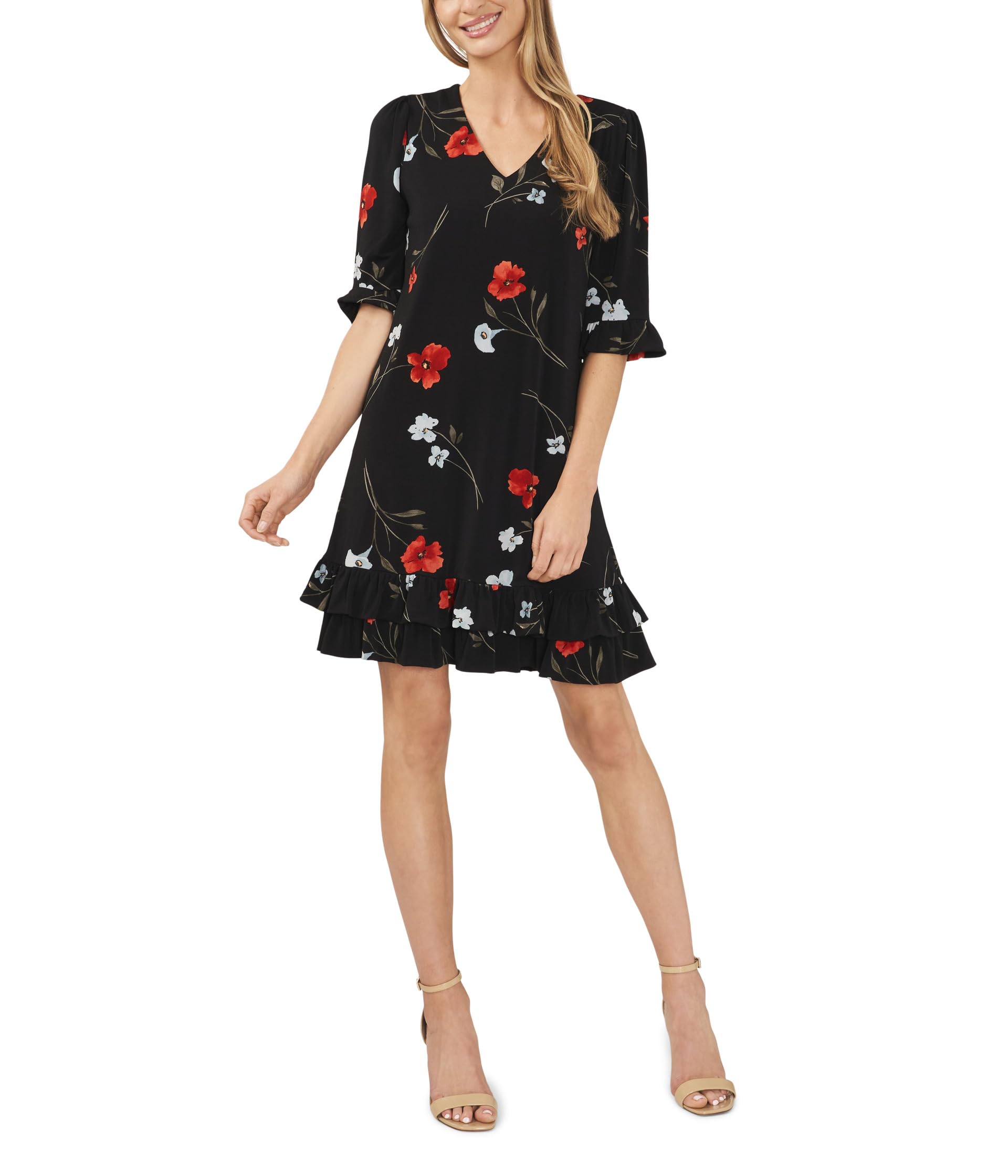 

Платье CeCe Floral V-Neck Knit Dress W/ Ruffle Hem, цвет Rich Black