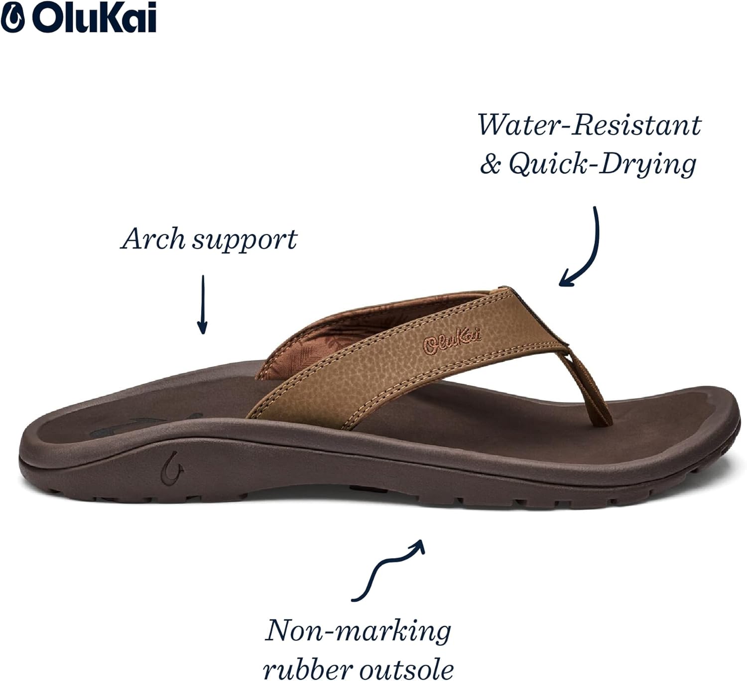 Мужские пляжные сандалии OLUKAI Ohana, водонепроницаемые шлепанцы, поддержка свода стопы и комфортная посадка, легкие и прочные, улучшенное сцепление и устойчивость, Tan/Dark Java — фото 4