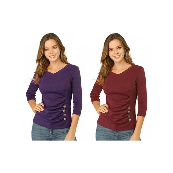 

2 упаковки женской блузы с декоративными пуговицами и v-образным вырезом Inspire Chic, Purple Burgundy
