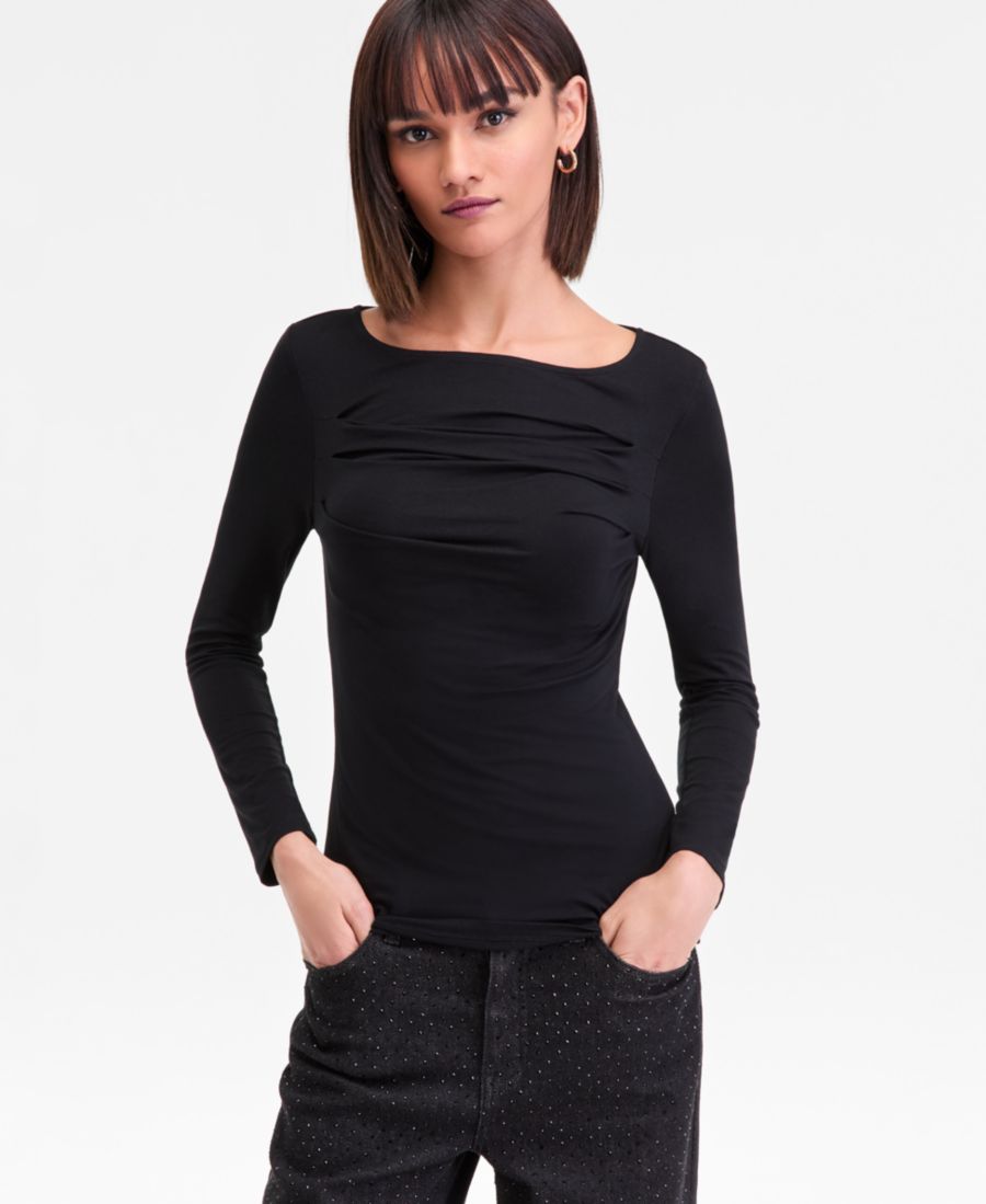 

Женская блузка с открытым воротником и складками, эксклюзивно для Macy's INC International Concepts, Deep Black
