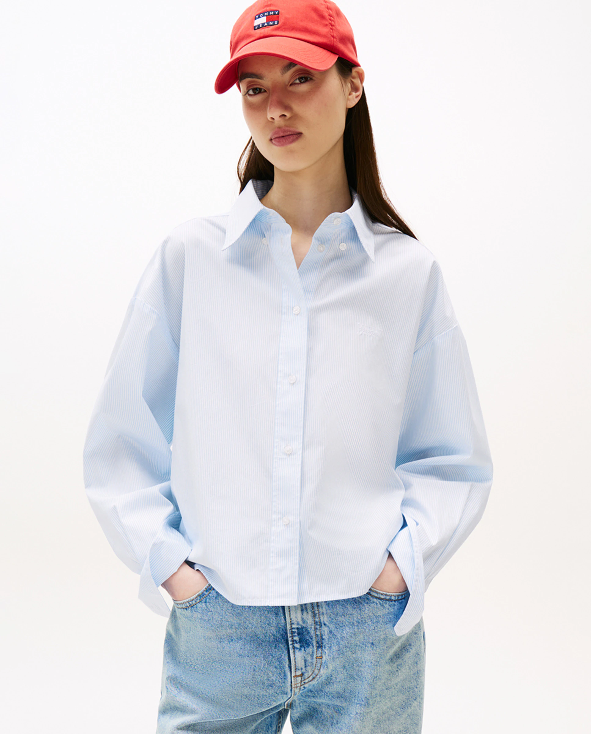 

Женская укороченная рубашка в полоску Tommy Jeans, светло-голубой