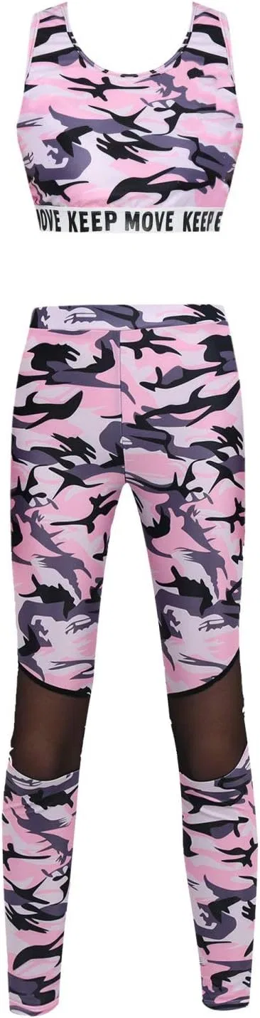 Детский спортивный комплект с камуфляжным принтом, топ и леггинсы, Yartina, Camouflage Pink