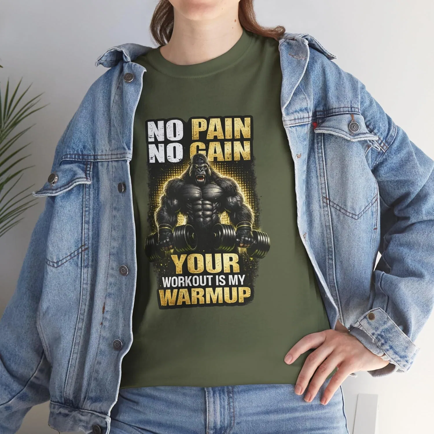 Футболка с принтом No Pain No Gain, GENERIC, Military Green — фото 3