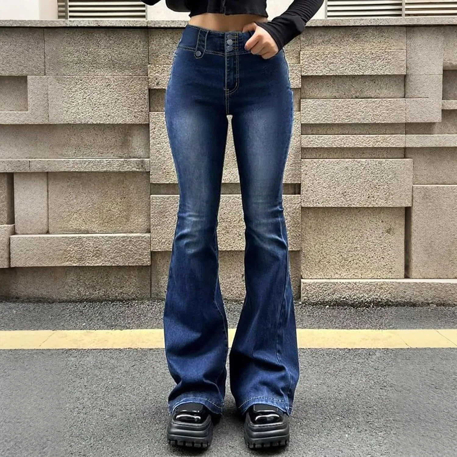 Джинсы клеш, Women's High Waisted Straight Leg Boyfriend Stretchy Jeans Trendy Bootcut Flare Bell Bottom Denim Pants, синий — фото 3