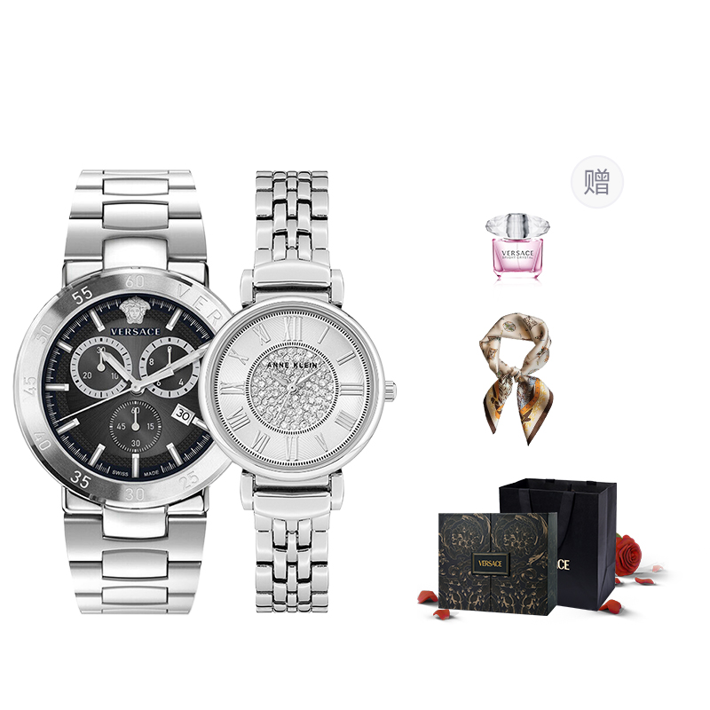 

VERSACE Часы Wrist Watch Quartz Movement Stainless Steel Watchband 43 Black Dial Men's Watch Purple Rose Box+Silk Scarf, Black Silver Matching Watches