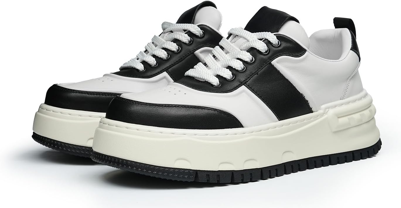 

Мужские кроссовки Santimon низкие с толстой подошвой - модные повседневные туфли из натуральной кожи на шнуровке, с подкладкой из овчины, кожаной стелькой и нескользящей резиновой подошвой для ходьбы и путешествий, белый/черный