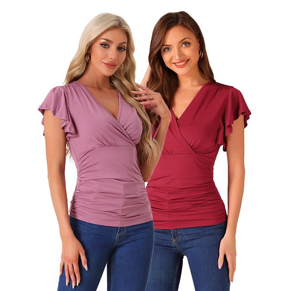 

2 упаковки блузки с запахом для женщин летние с v-образным вырезом и рукавами-рюшами Inspire Chic, Purple Dark Red