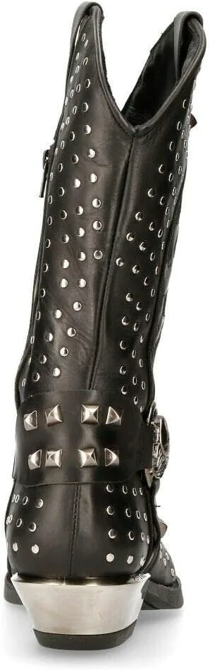 Новые мужские ковбойские сапоги New Rock M-7928-S1 WESTERN черная кожа, тяжелые байкерские с серебряными заклепками, черный — фото 4