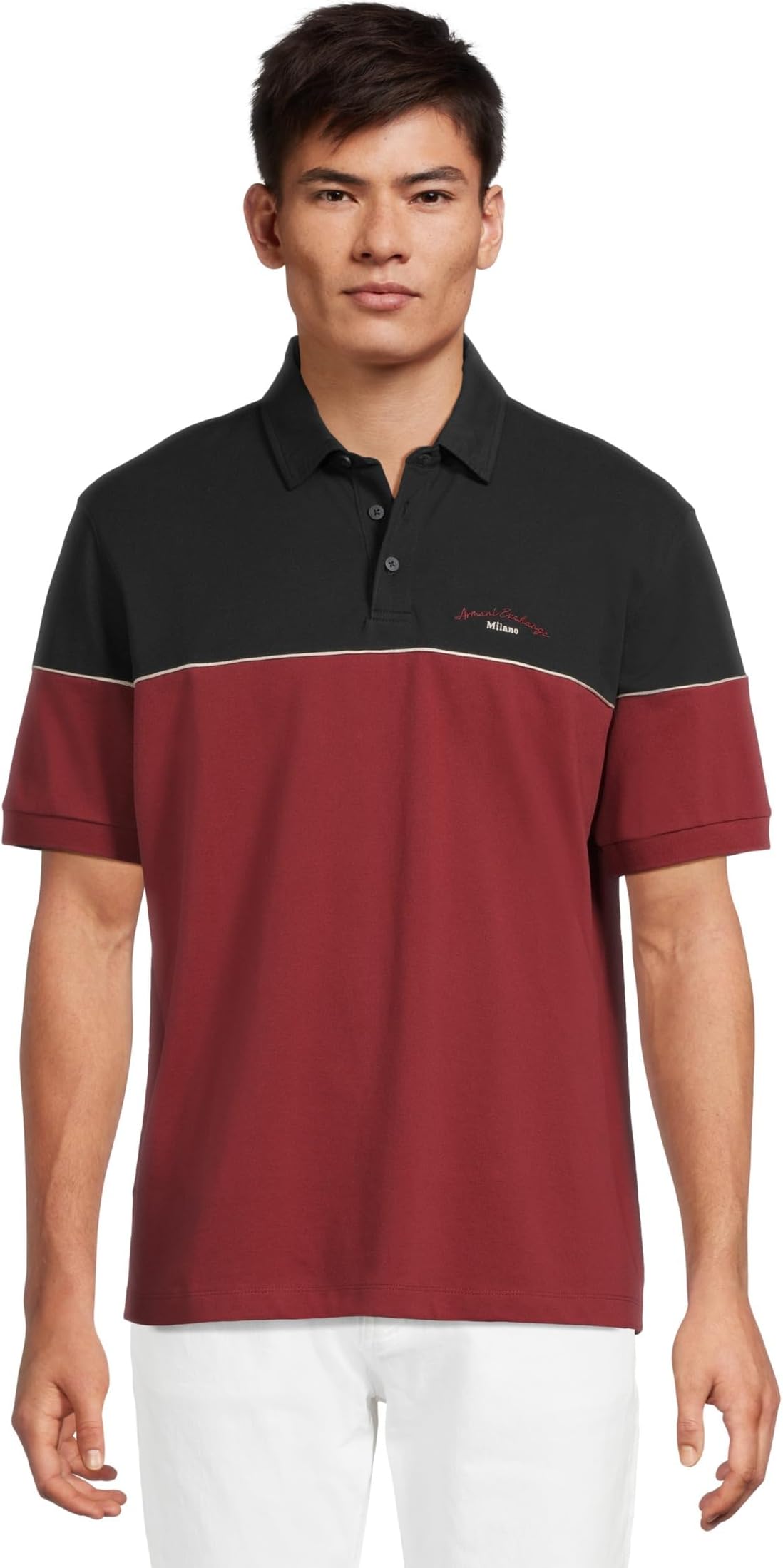 

Поло Armani Exchange Script Logo Colorblock Polo, цвет Deep Navy/Pomegranat