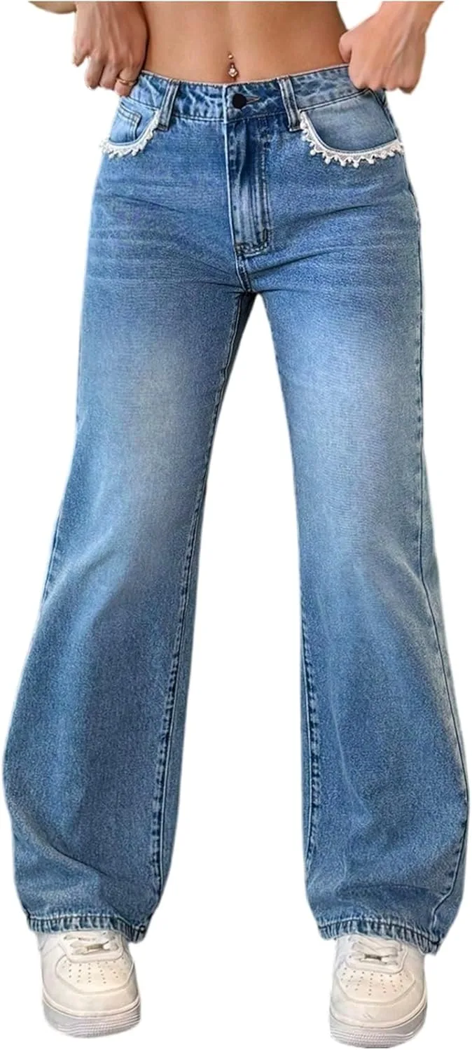 Прямые джинсы для женщин Loose High Waisted Blue с карманами