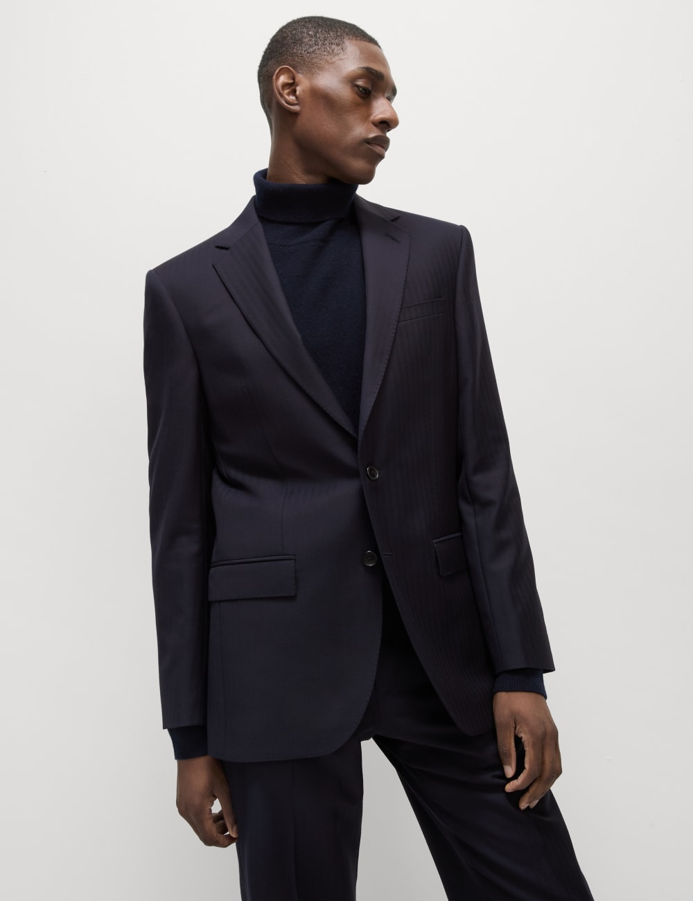 

Пиджак из чистой шерсти с узором елочка стандартного кроя Marks & Spencer SARTORIAL, темно-синий