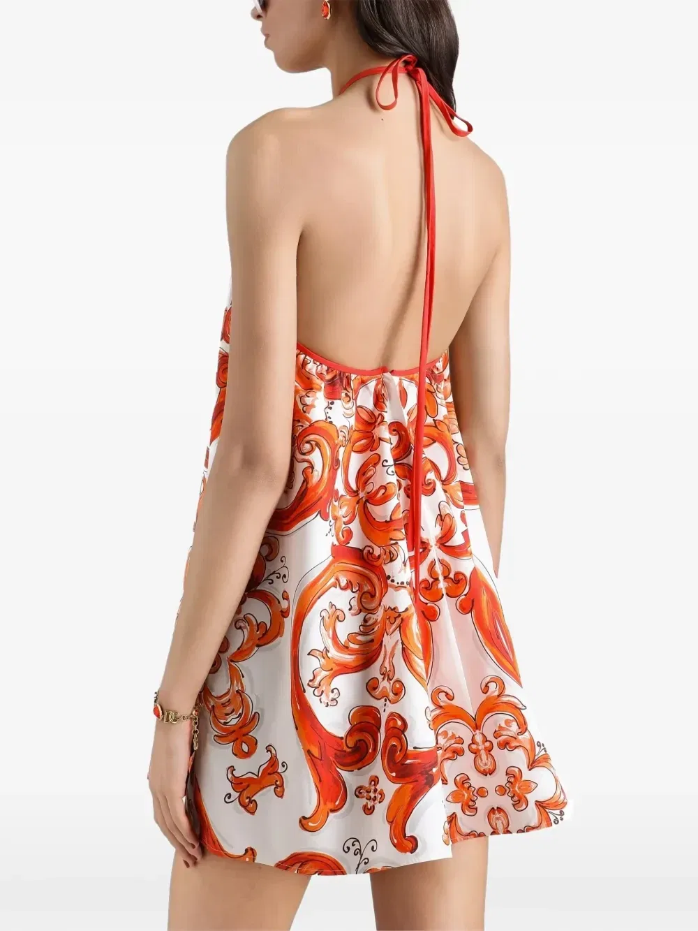 Длинное расклешенное платье из поплина с принтом "Майолика" Dolce & Gabbana, белый — фото 4