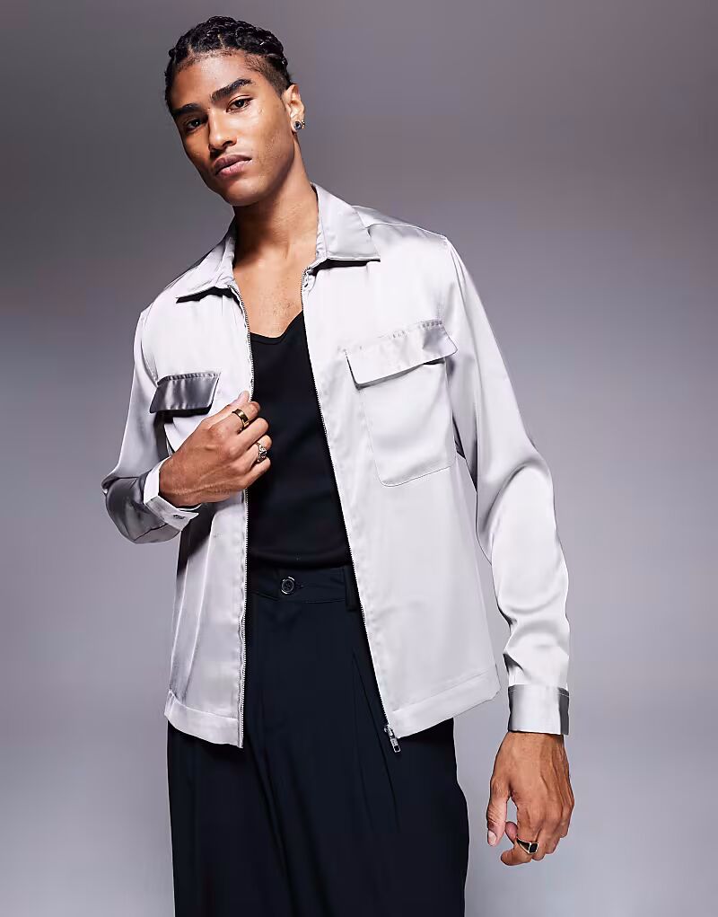 

Рубашка свободного кроя с накладными карманами и молнией ASOS DESIGN серого цвета