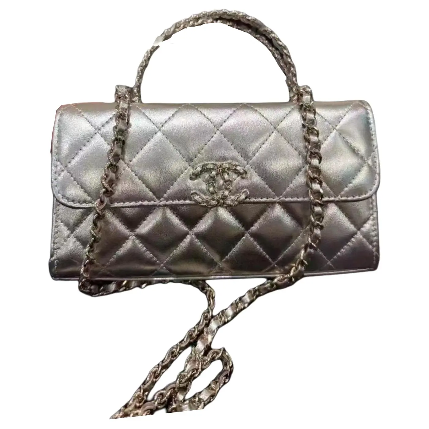 CHANEL Кожаная сумка через плечо Сумка кроссбоди Женская сумка серебристого цвета — фото 2