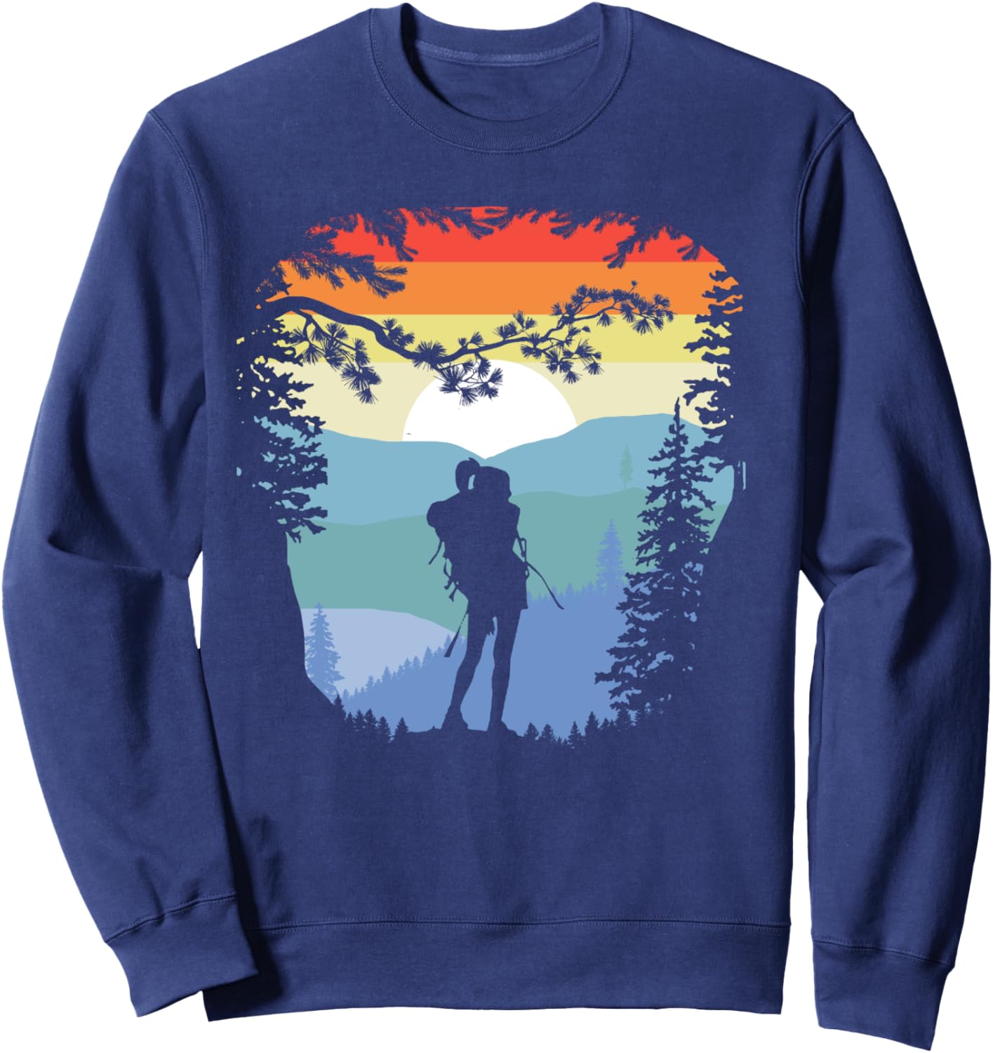 

Толстовка в стиле ретро с изображением деревьев, гор и девушки-туристки, с негативным пространством Giant Step Design Co., темно-синий