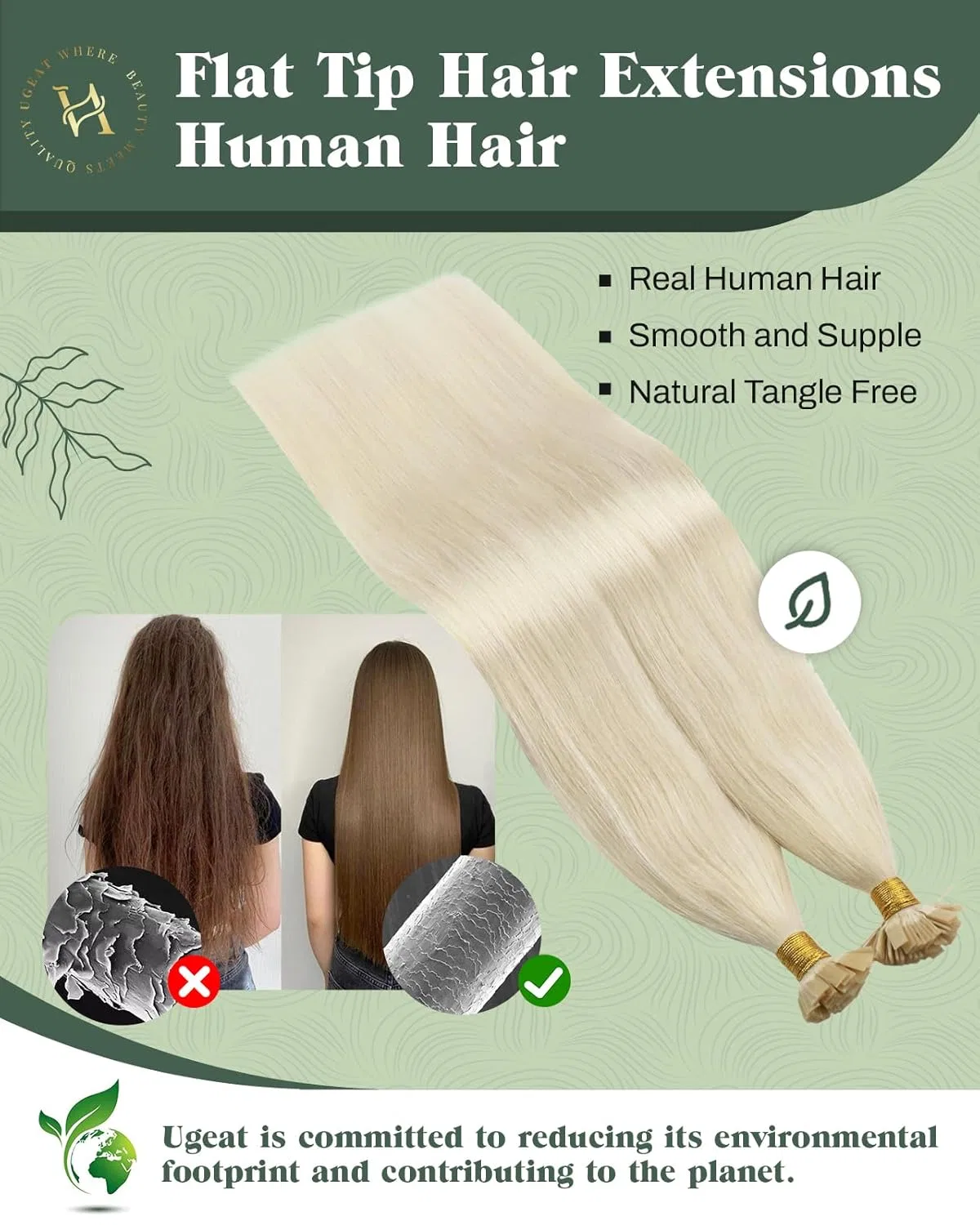 Блондинистые наращивания волос Ugeat Bonding Remy Real Hair Extensions Flat Tip, 35 см, 50 г Ugeat — фото 3