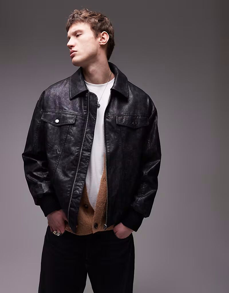 

Куртка-бомбер Topman большого размера из искусственной кожи с потертостями черного цвета, Черный, Куртка-бомбер Topman большого размера из искусственной кожи с потертостями черного цвета