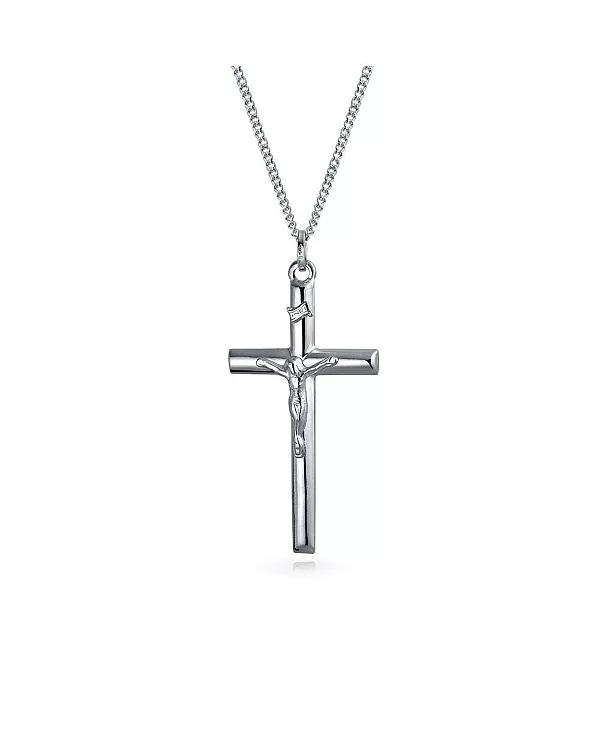 

Простые христианские католические религиозные украшения, большой крест-распятие Иисуса, ожерелье с подвеской из стерлингового серебра, 2 дюйма Bling Jewelry, silver