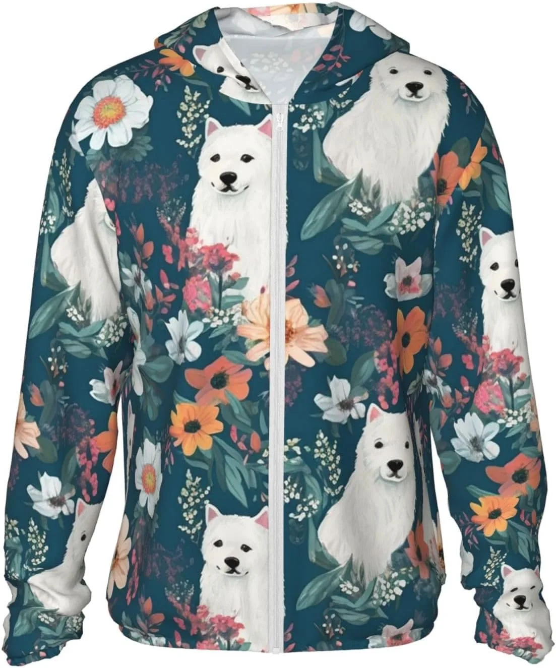 

UPF 50+ белая толстовка с капюшоном для защиты от солнца с принтом собаки и цветов HCBPWVQA