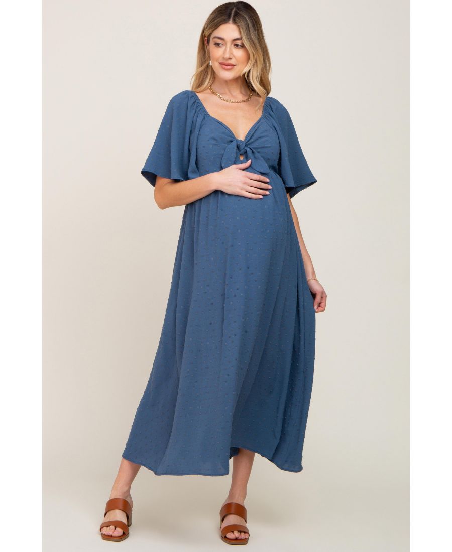 

Платье-миди для беременных, темно-синее, с текстурированным узором в горошек, завязками спереди и оборками на рукавах Pinkblush, Navy blue