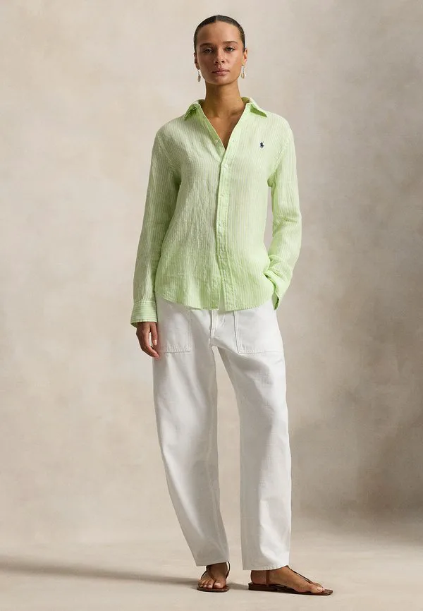 Классическая полосатая льняная рубашка-блузка на пуговицах Polo Ralph Lauren, Electric Lime White — фото 2