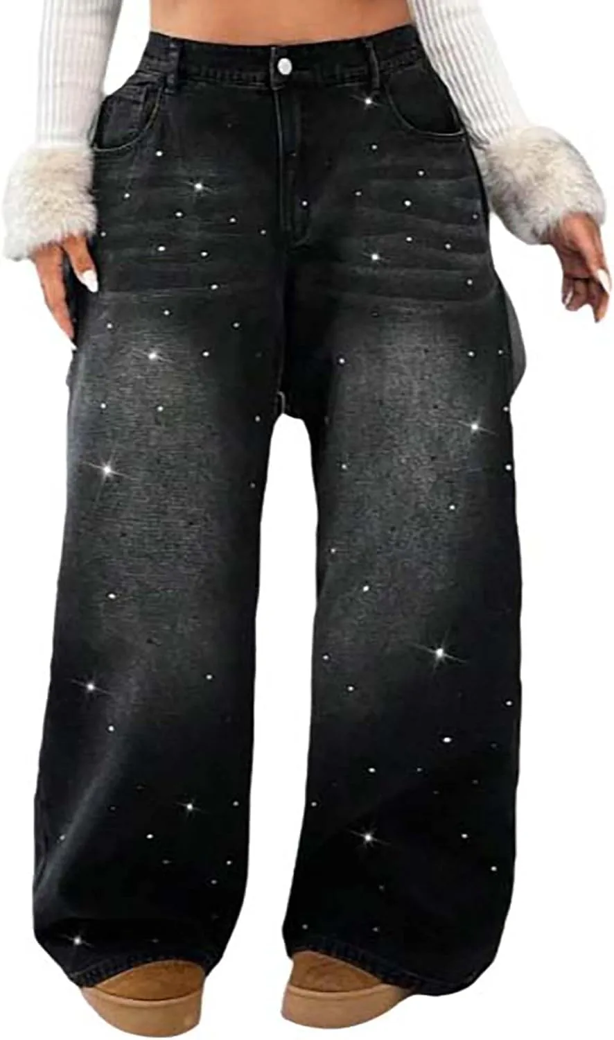 

Женские джинсы с пайетками черные широкие QLAUYIOE