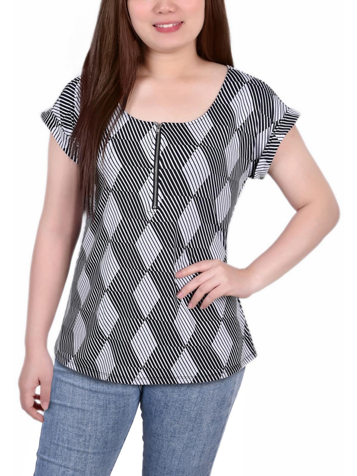 

Женская блузка Petites из джерси с застежкой-молнией спереди NY Collection, цвет black white abstract