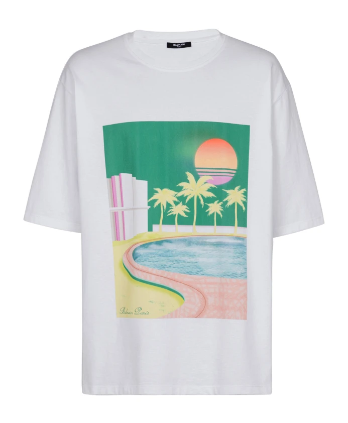 

Футболка свободного кроя с принтом в виде открытки. Balmain, белый