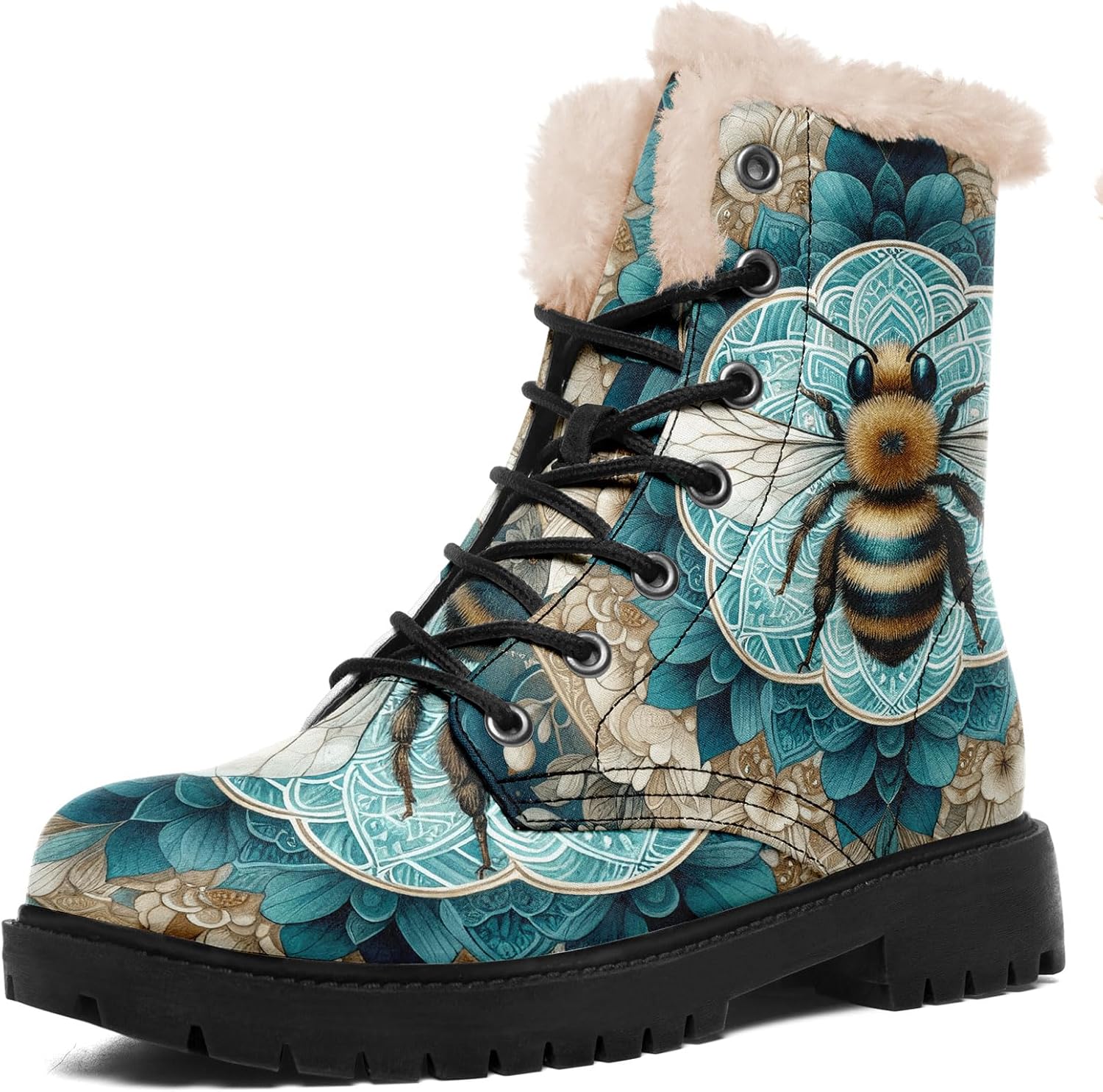 

Художественные зимние ботинки для женщин с узорами мандалы Солнце, Луна, Пчела, шнурованные уютные зимние ботинки с искусственным мехом Awsole, зеленый/бирюзовый/бежевый