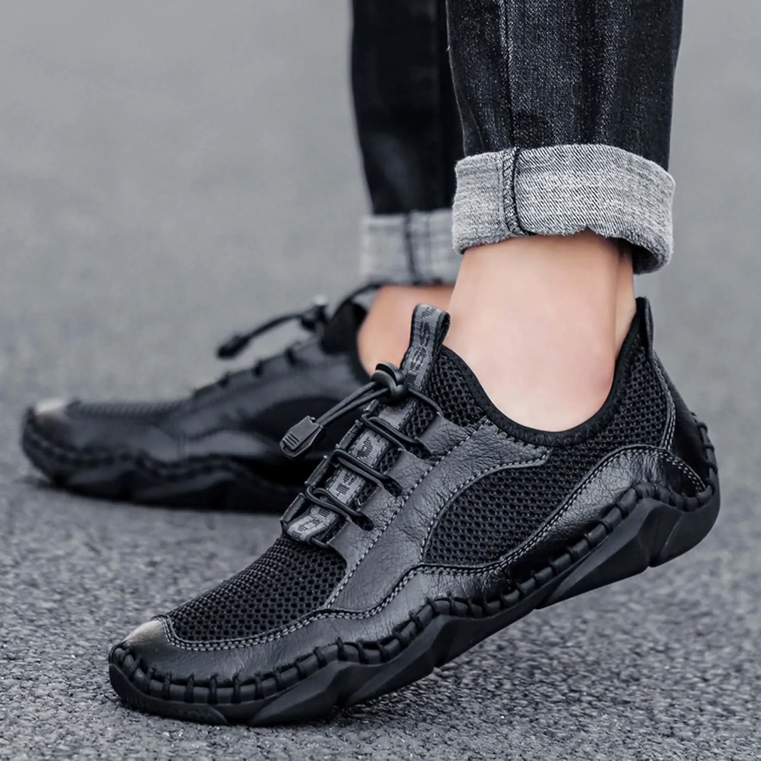 Мужские спортивные сандалии большого размера, летние, дышащие, с сеткой, для походов на свежем воздухе, рыбацкие, пляжные, противоскользящие, для ежедневной ходьбы, вождения и работы Generic, черный — фото 4