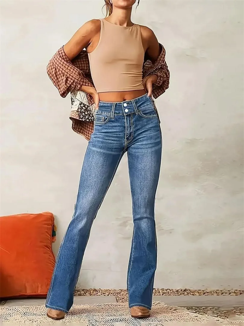 Generic Женские синие расклешенные джинсы Stretchy High Waist Vintage Denim Pants — фото 2