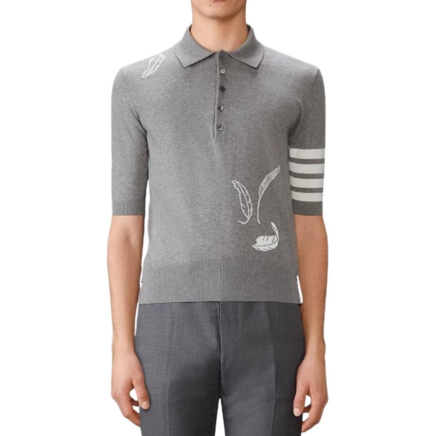 

Футболка-поло с интарсией из перьев Cotton THOM BROWNE, светло-серый