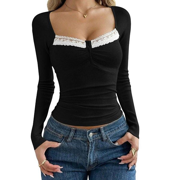 

Женская футболка y2k с длинным рукавом, рюшами и кружевной отделкой, квадратный вырез, приталенный силуэт, кроп Yesfashion, Black