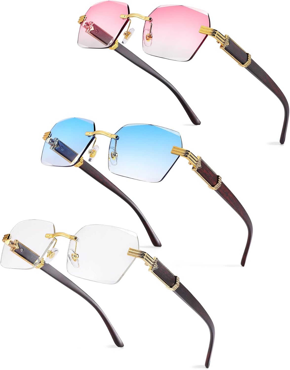 

Солнцезащитные очки Pro Acme без оправы, прямоугольной формы, для мужчин и женщин, шестиугольные солнцезащитные очки, безрамочные очки в стиле Y2K, A3 3 Pack (Clear + Blue Gradient + Pink Gradient)