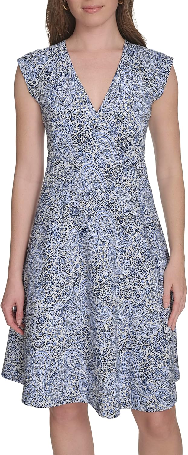 

Женское платье Tommy Hilfiger с V-образным вырезом и принтом «Колумбир», Ivory/ French Blue