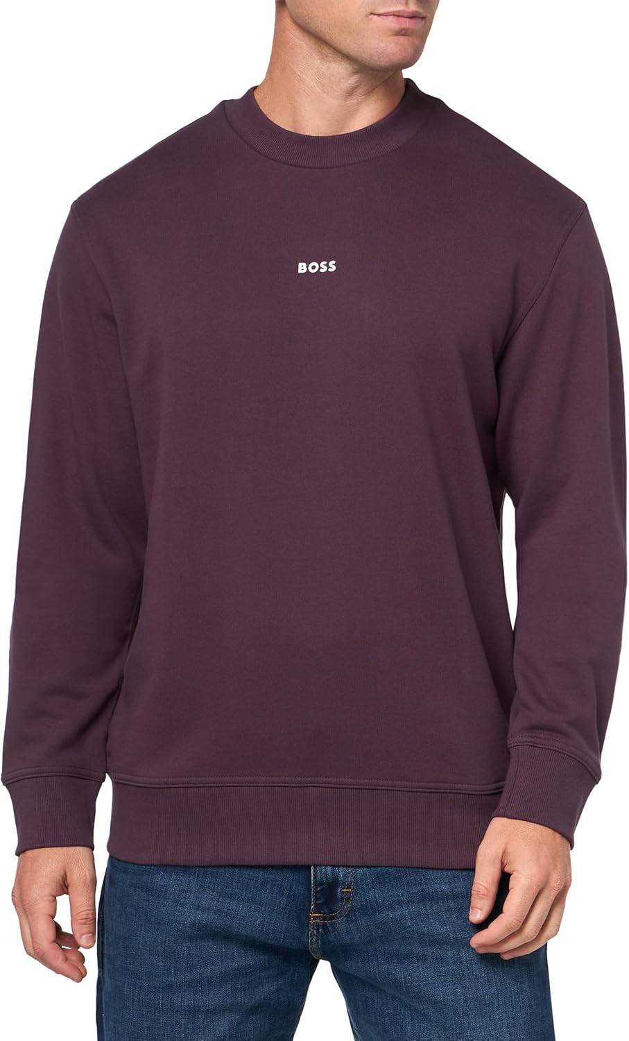 

BOSS мужской свитшот с центральным логотипом и круглым вырезом из френч-терри, Eggplant