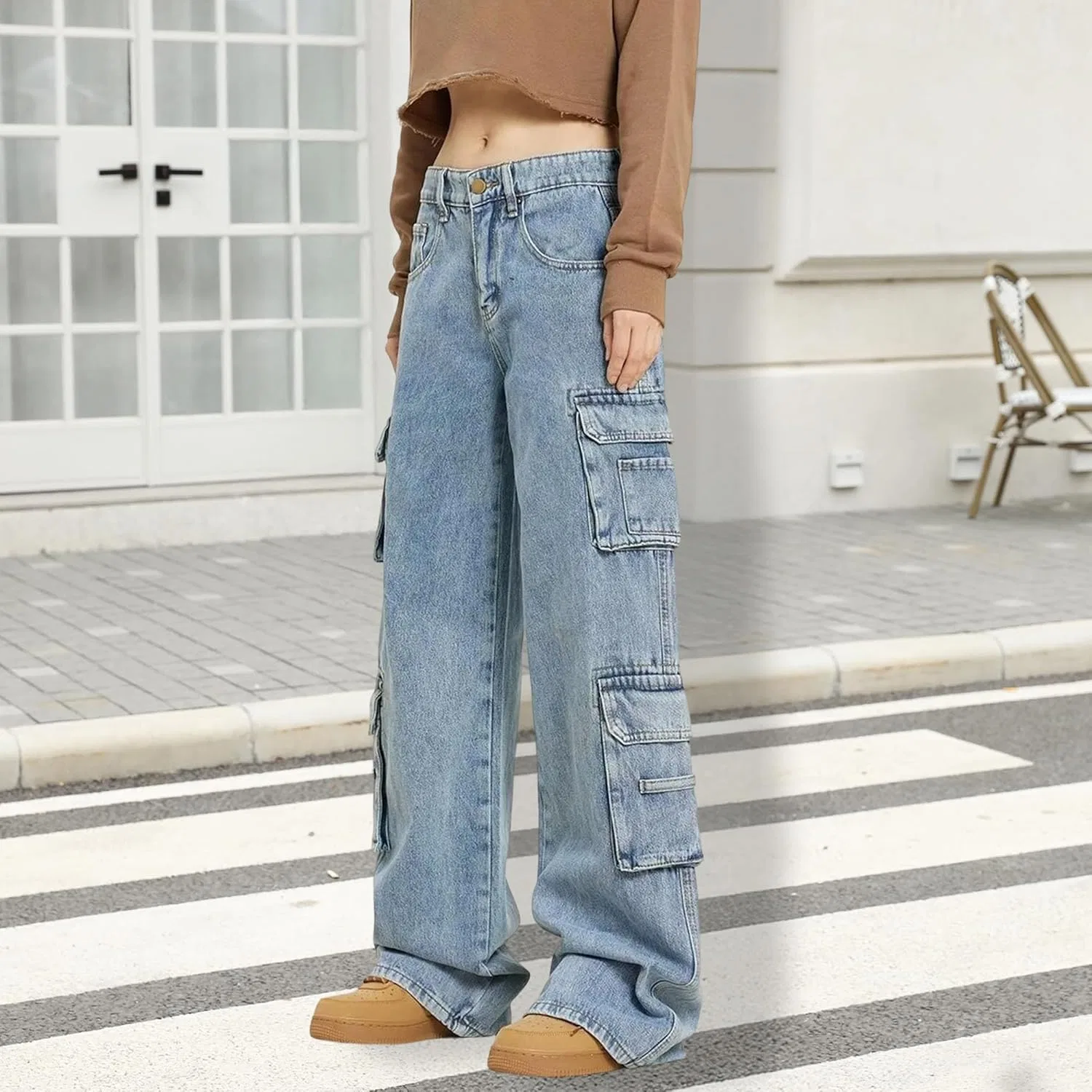 Джинсы свободные, Women Low Rise Cargo Jeans, синие — фото 2