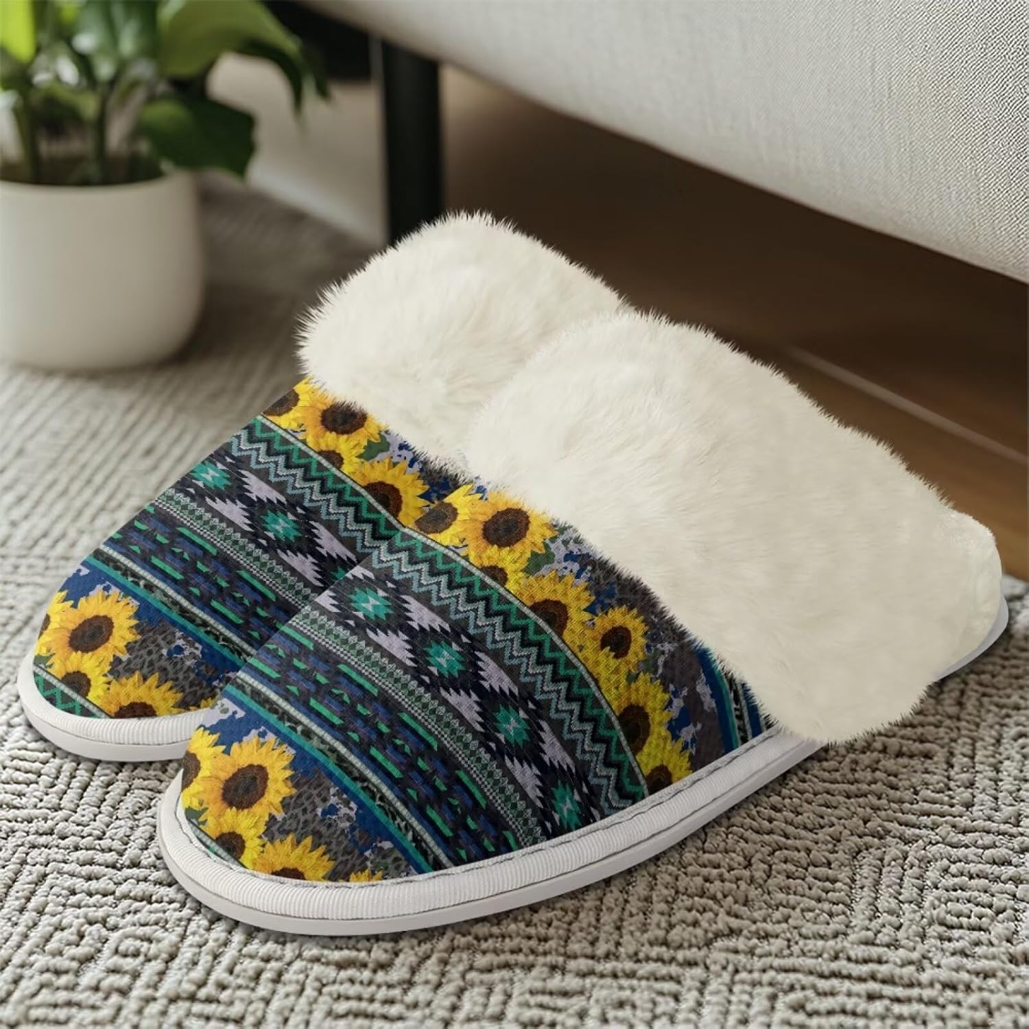 Тапочки Glomenade для женщин и мужчин с отделкой из фланели, домашние туфли с памятью формы, закрытым носком и мягкой подошвой, для использования дома и на улице, Old Tribes & Sunflowers — фото 4
