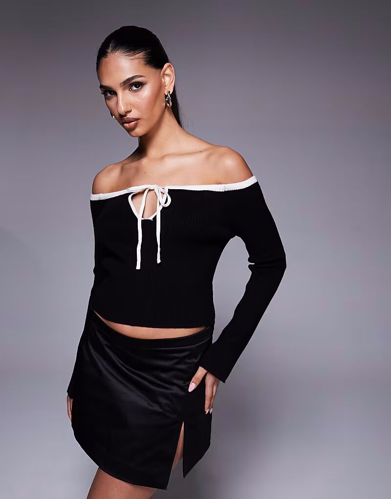 

Вязаный джемпер ASOS DESIGN с открытыми плечами и контрастной отделкой черного цвета