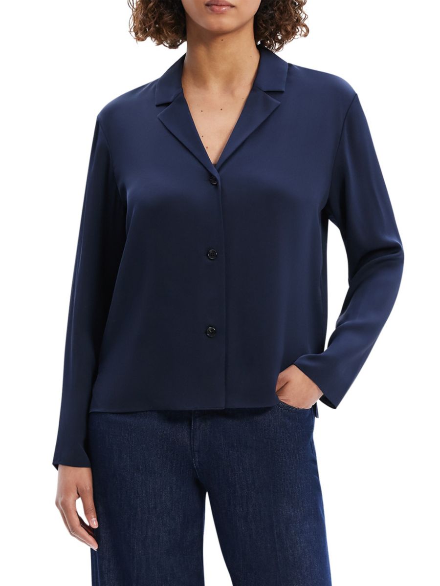 

Шелковая блузка с воротником-стойкой Theory, цвет Nocturne Navy