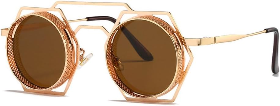 

Круглые солнцезащитные очки в стиле стимпанк для женщин и мужчин, с металлической сеткой, с индивидуальным дизайном, женские очки-маска с защитой от УФ-излучения UV400 TKKTLLT, Gold-brown