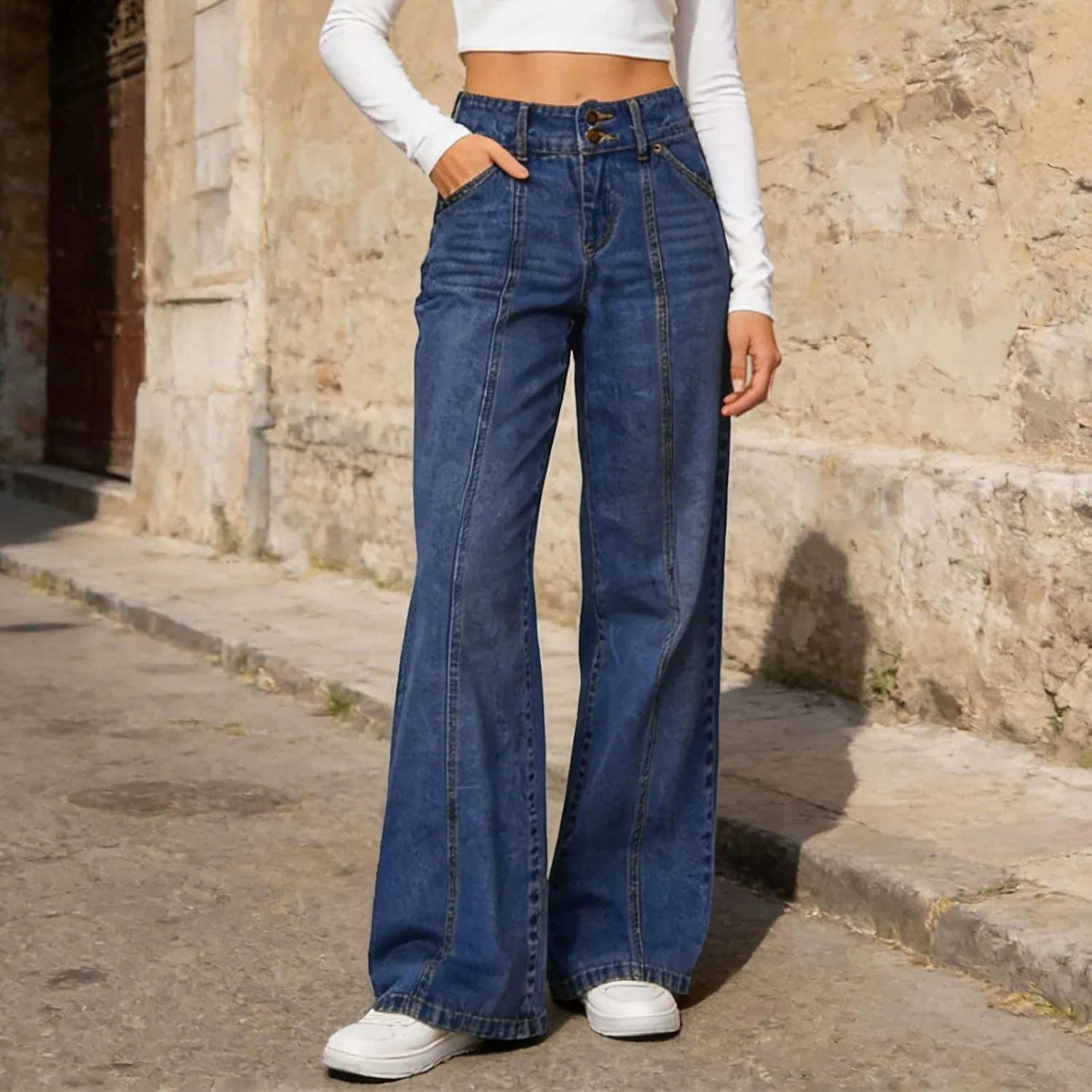 Джинсы свободные, Womens Barrel Jeans Vintage Relaxed Wide Leg Mid Rise Stretch Denim Pants Y2k Baggy Boyfriend Trouser with Button Fly, темно-синие — фото 2