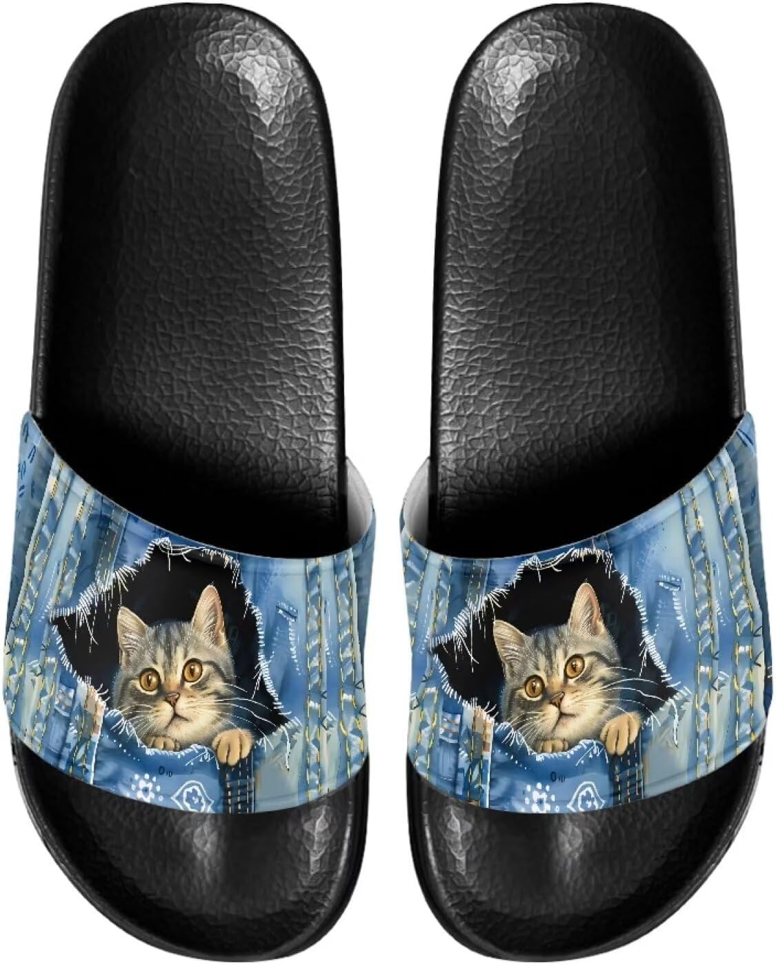 

Мужские шлепанцы для душа Kathyboom, пляжные летние сандалии, открытый носок, нескользящие, на плоской подошве, домашние тапочки, Jeans Cat